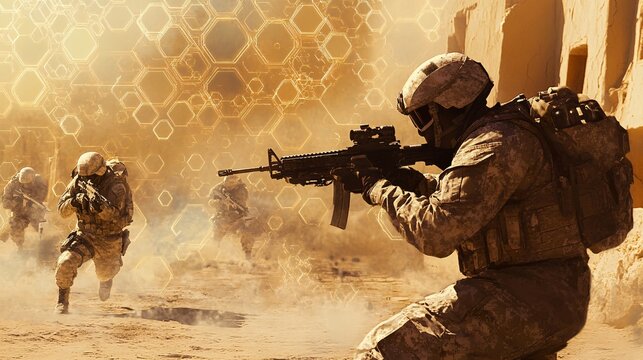 Realistic Desert War Scene with Hexagonal Glitch Effects
