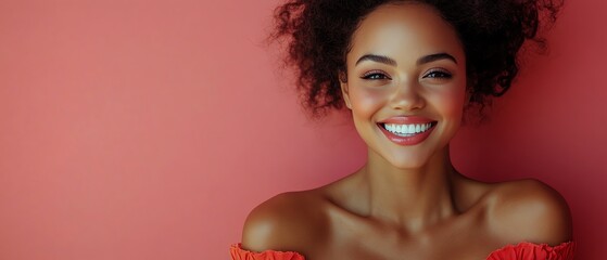 Fototapeta premium A smiling woman with curly hair poses against a coral background, exuding warmth and joy in her expression.