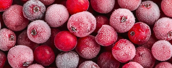 A close-up of frozen cranberries, showcasing their vibrant red color and delicate frost, ideal for seasonal culinary themes.