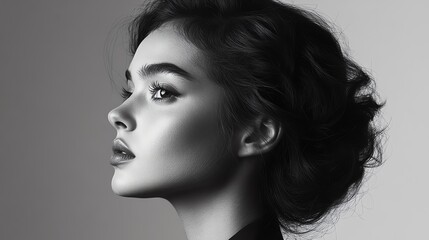 Fototapeta premium Elegant profile portrait of a woman in black and white, showcasing sophistication and beauty against a minimalistic backdrop.