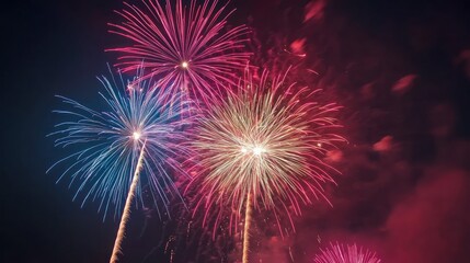 A close-up of vibrant fireworks bursting in colors against a dark sky, perfect for holiday or celebration themes