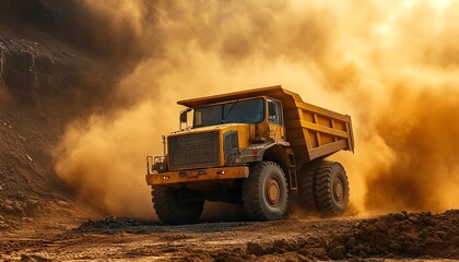 Heavy-duty dump truck navigating a dusty construction site, highlighting industrial strength and rugged terrain under a dramatic sky.