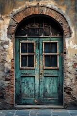 A single green door with a brick wall behind it, great for use in architecture or design scenes