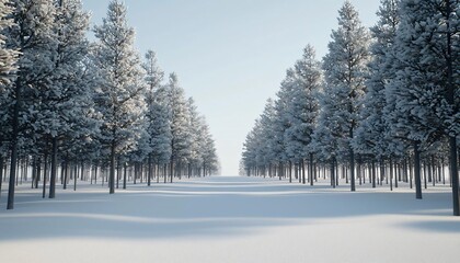 Fototapeta premium A serene winter landscape featuring snow-covered pine trees, creating a peaceful and beautiful scene of nature's tranquility.