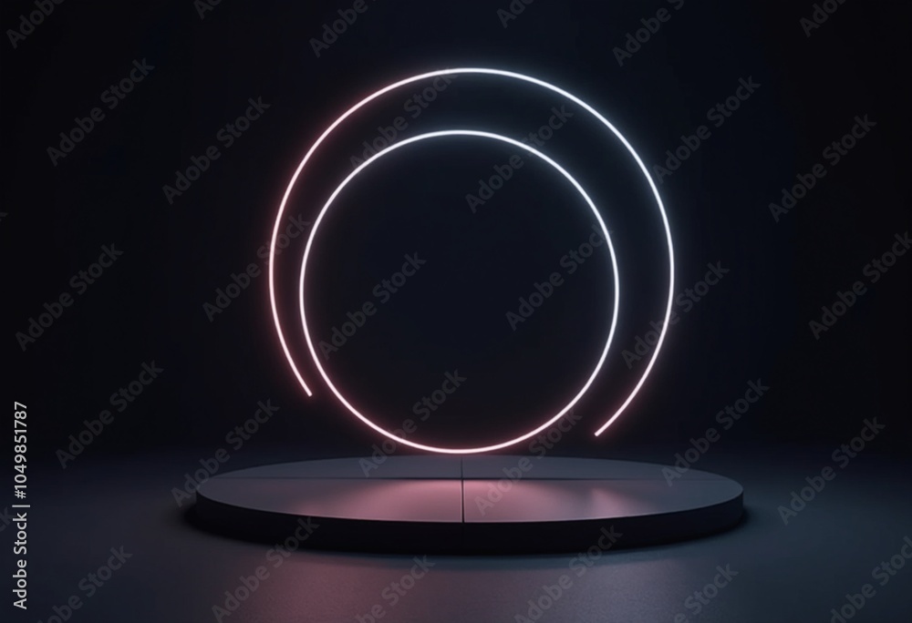 Aufkleber dark minimalist platform with circular frame and neon lighting