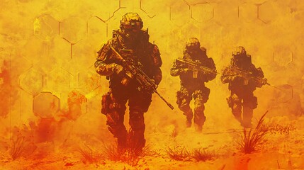 Naklejka premium Soldiers in Desert with Graphic Textures