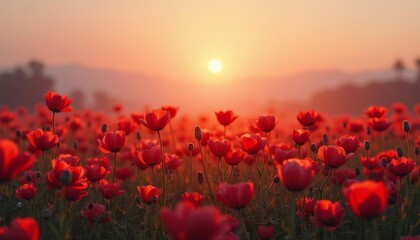  Vibrant sunset over a field of red flowers