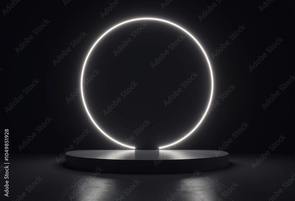 Poster dark minimalist platform with circular frame and neon lighting
