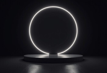 Dark Minimalist Platform with Circular Frame and Neon Lighting