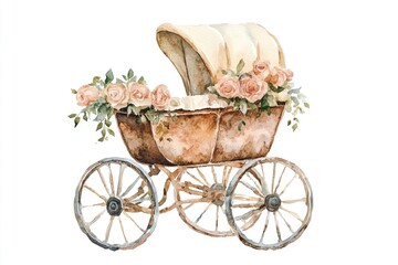 A watercolor illustration of a baby carriage decorated with flowers