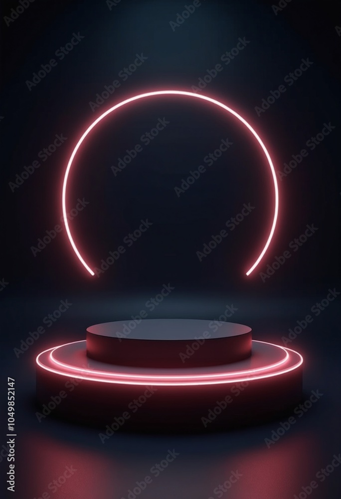 Aufkleber dark minimalist platform with circular frame and neon lighting