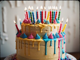 Overloaded Birthday Cake with Too Many Candles Melting All Over on the Right Side of the background