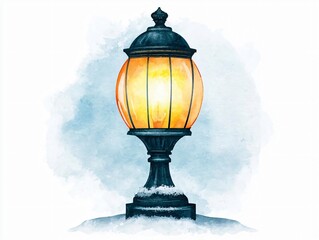 Fototapeta premium A vintage lantern illuminating a snowy landscape, showcasing warm light against a cool backdrop, perfect for winter scenes.