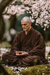Fototapeta premium A monk meditating in the woods surrounded by flowering trees