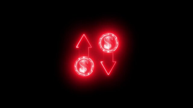 Animation showing dollar price progress and decline with arrows, dollar sign with arrow up and down concept