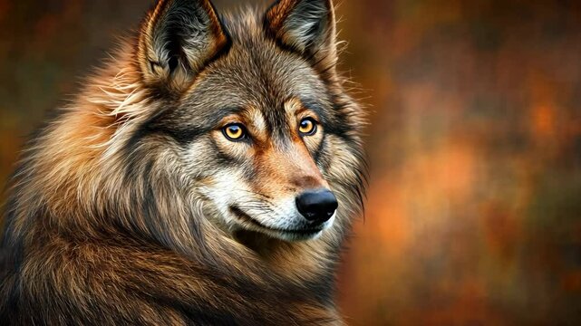 A wolf with brown and gray fur looks intently at the camera in a close-up shot