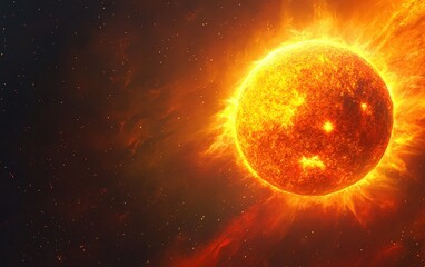 Obraz premium Zoomed-in view of the sun with erupting solar flares, intense orange and yellow tones radiating from its surface, and visible sunspots adding texture 