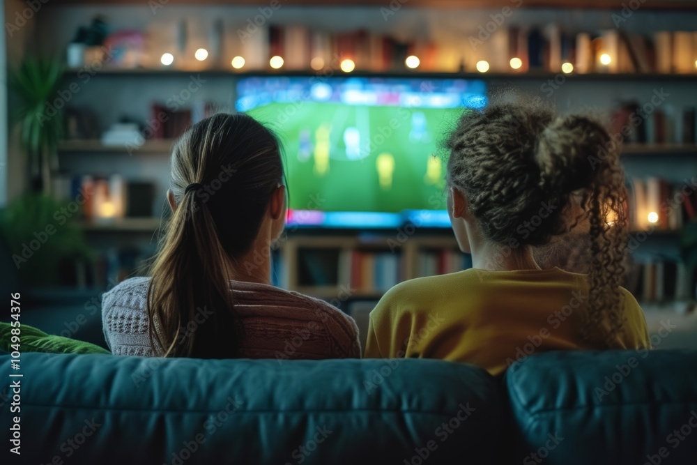 Wall mural back view, at home two soccer fans on couch watch sport game on tv, online bet, celebrate when team 