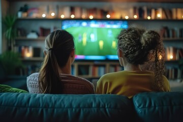 back view, at home two soccer fans on couch watch sport game on TV, online bet, celebrate when team wins championship. Young women cheer eat snacks, watch favorite football club play