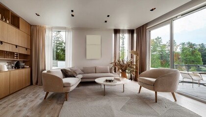 Fototapeta premium Architektur Modern Innenansicht Wohnen Zimmer Essen Küche Möbeliert