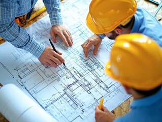 A engineer and an architect reviewing blueprints and construction plans together at a bustling construction site