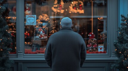 Obraz premium An elderly man gazes thoughtfully into a festive holiday shop window adorned with Christmas decorations and warm, inviting lights.