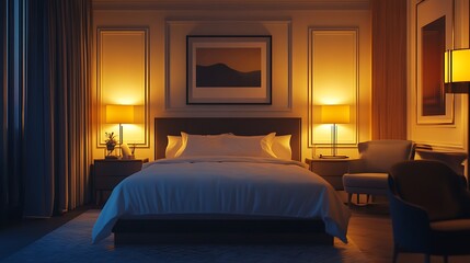 Luxury hotel room with modern furniture, a large bed centered under elegant lighting, and a stylish seating area.