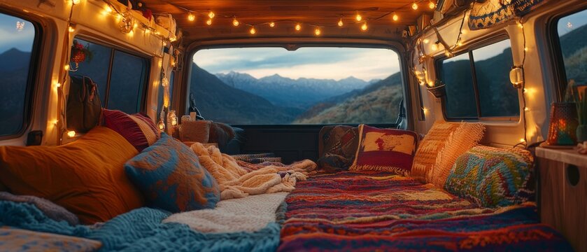 Cozy camper van interior with colorful cushions and fairy lights, offering a serene view of mountains at dusk, perfect for adventure and relaxation.