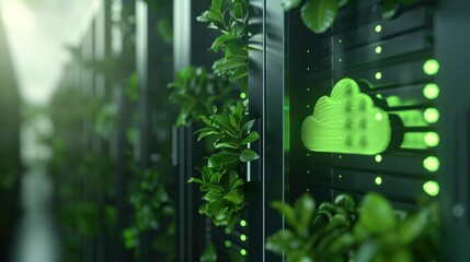 Green technology, data center, eco friendly servers, cloud computing, sustainable IT solutions, nature and technology integration with vibrant green foliage and servers