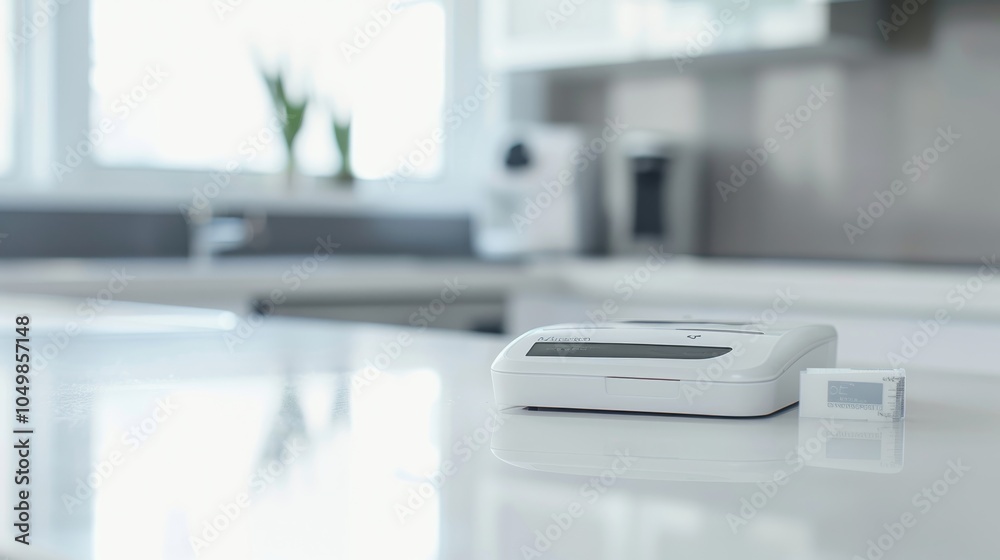 Poster A close-up of a high-tech blood glucose meter with a focus on the display and testing strip, set against a clean, modern countertop background