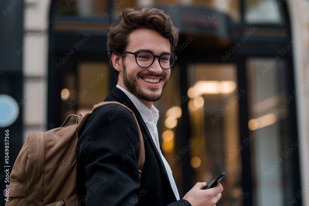 Wall mural cool brunette man in eyeglasses chats in phone. happy guy in black suit holds brown backpack and smi