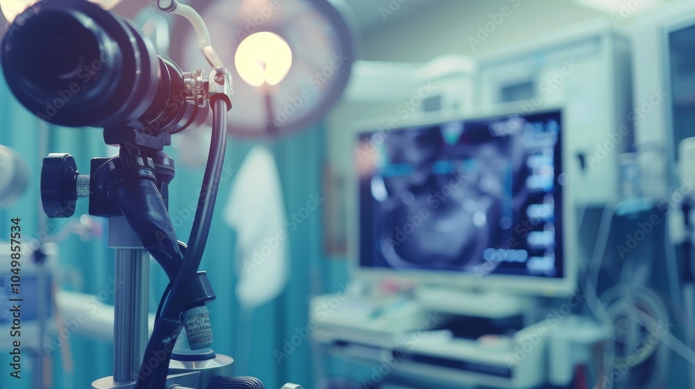 Poster a close-up of a high-tech endoscope examining a patient��s internal organs, set against a sterile, m