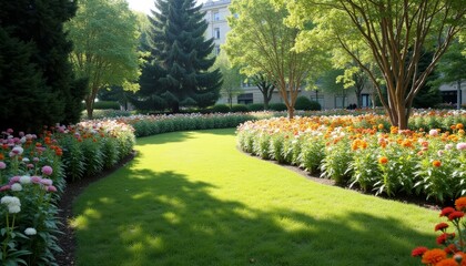 Obraz premium Vibrant garden path leading to serene building