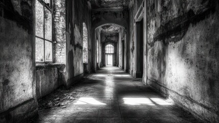 Obraz premium A long, dark, and eerie hallway in an abandoned building with light streaming in from the end.