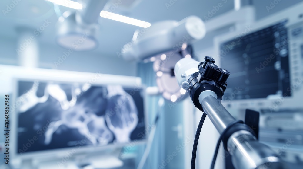 Poster a close-up of a high-tech endoscope examining a patient��s internal organs, set against a sterile, m