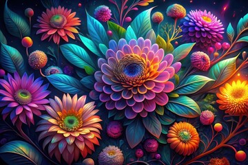 Neon Blossoms Radiant Floral Abstraction in Neon Hues