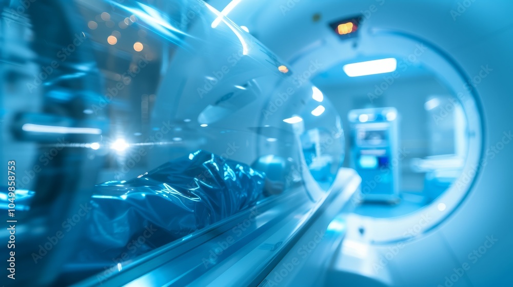 Poster a close-up of a high-tech mri scanner with a patient lying inside, set against a clean, high-tech im