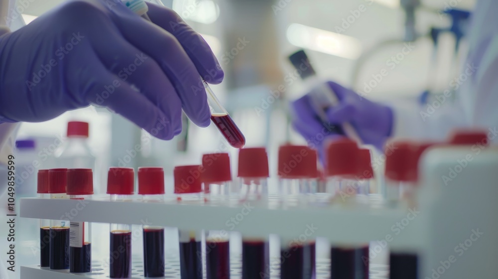 Poster a close-up of a lab technician analyzing blood samples with focus on the blood tubes and lab instrum