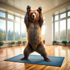 A cute bear hilariously attempts a headstand in a yoga class.