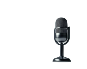 Classic black microphone on white background for recording audio, music, and broadcasting.