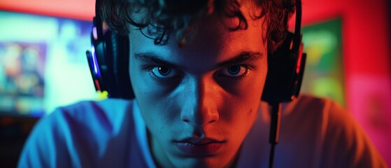 Intense gamer focused on the screen, wearing headphones amidst a vibrant, colorful gaming environment during late-night gameplay.