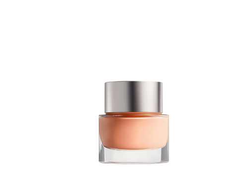 Cosmetic jar with peach cream on white isolate background, showcasing elegance and simplicity.
