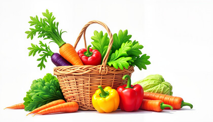 A beautifully arranged basket filled with a variety of fresh vegetables, including colorful carrots, bell peppers, and leafy greens, all set against a clean backdrop