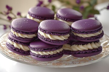 A plate of purple macaroons with white filling