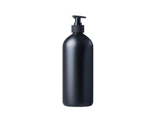 Elegant black bottle with a pump dispenser for cosmetics or skincare, isolated on white background.