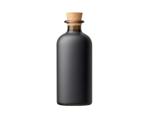 Elegant dark glass bottle with cork top, isolated on white background.