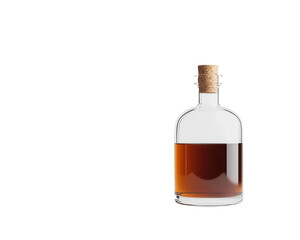 Elegant glass bottle filled with dark liquid on a white isolated background.
