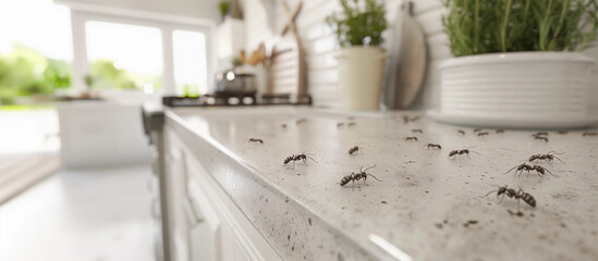 Lots of ants crawling white kitchen bench pest control bugs repellent dirty home infestation banner background copy space solution inspection concept