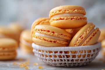 A basket of yellow and white pastries sits on a table