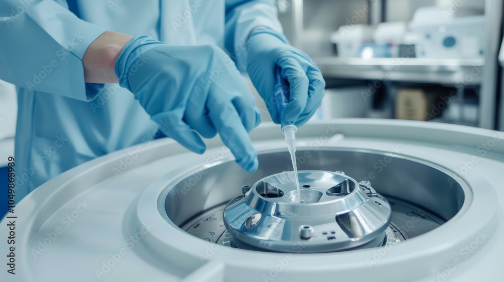 Aufkleber A close-up of a medical lab technician analyzing a sample in a centrifuge with a clean, well-organized lab background, macro shot